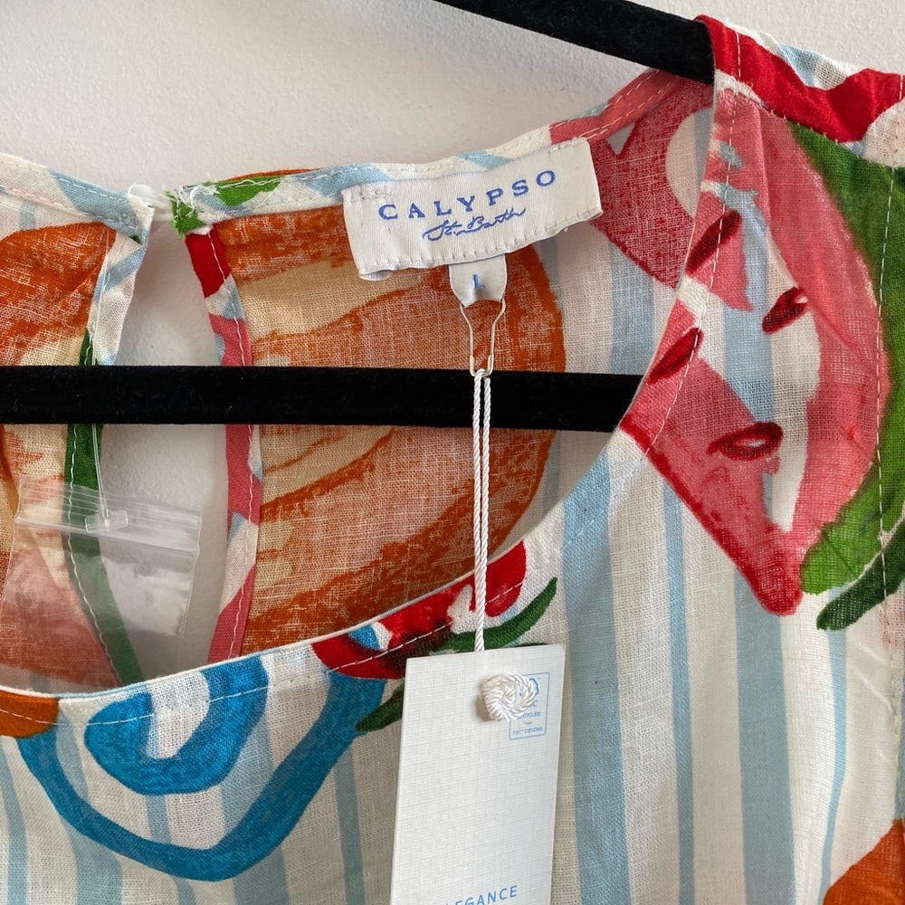Calypso St. Barth Multicolor Striped Tropical Linen Blend Blouse Size Large New - Picture 3 of 8